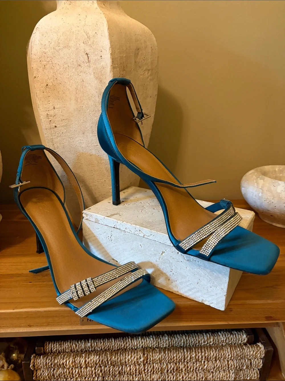 Teal Satin Ankle-Strap Evening Heels with Crystal Accent